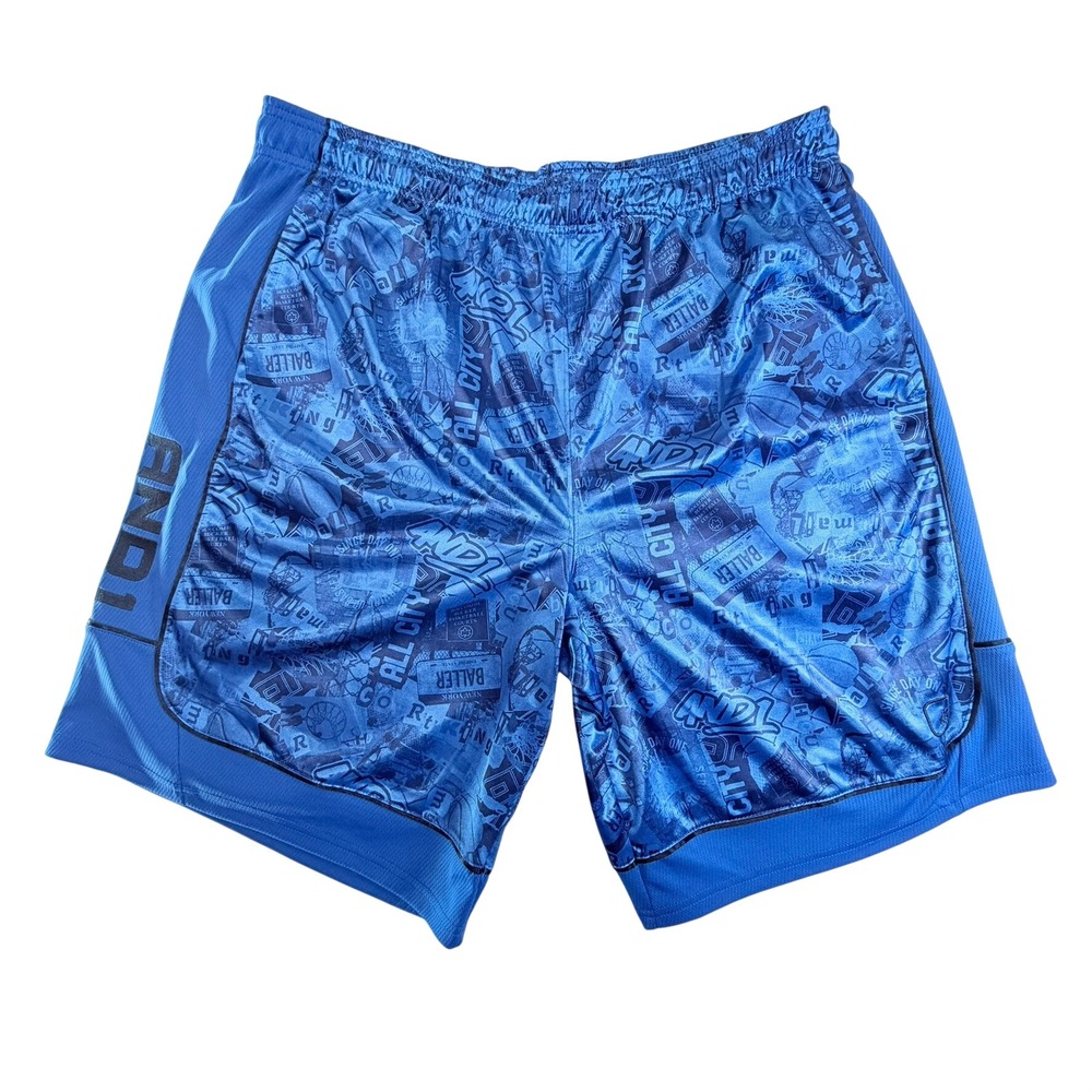 AND1 Basketball Dazzle Shorts Mens 2XL Blue All City Baller Graphic Mesh Shiny